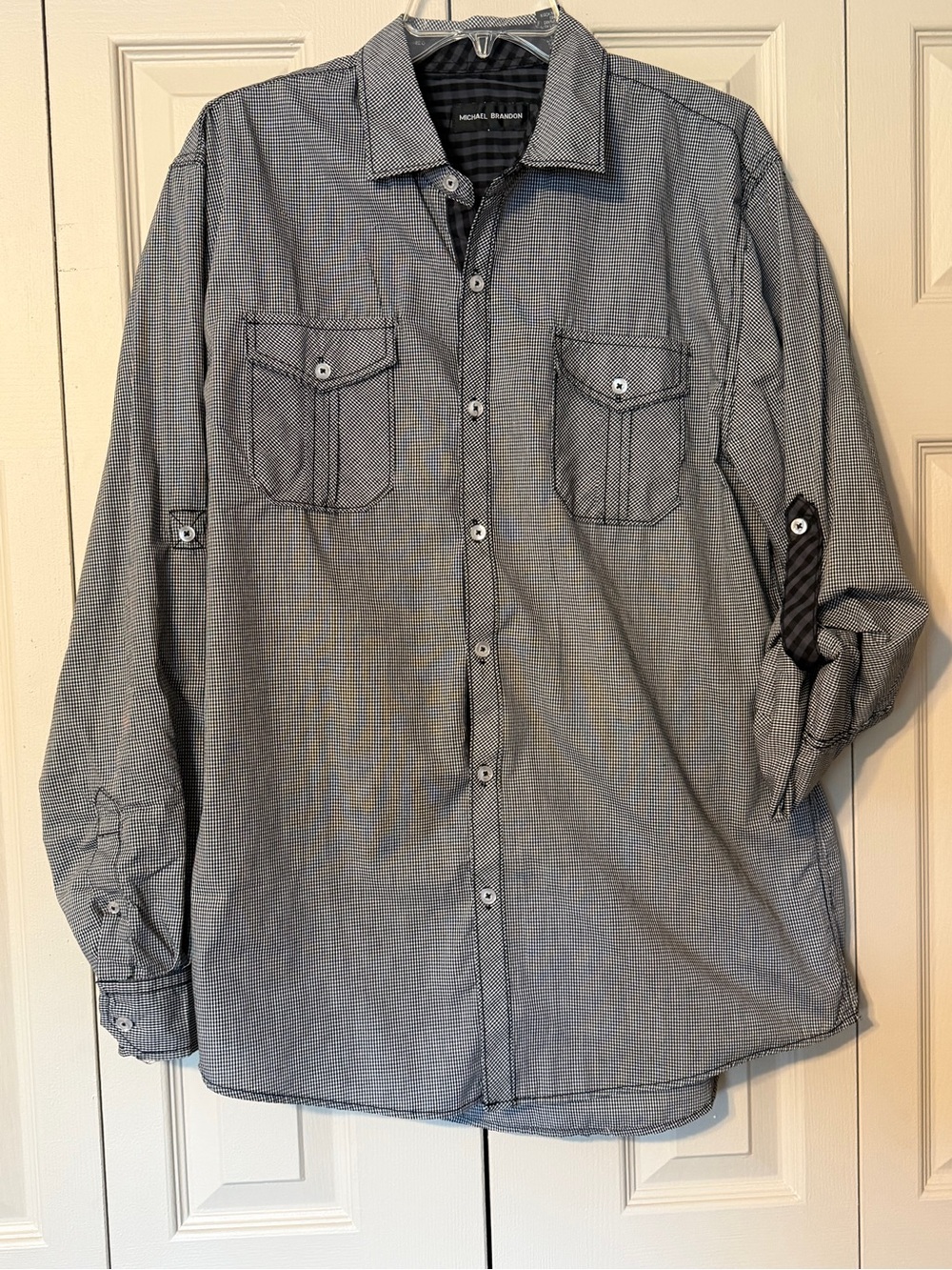 Michael Brandon Button Front Checked Men's Long Sleeve Shirt Large